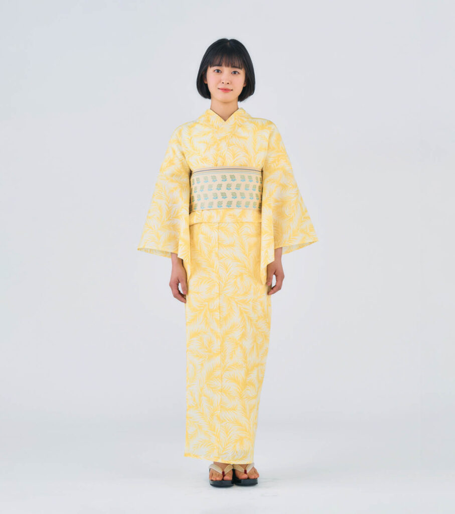 Y30 伊勢型写し浴衣「シダの葉」蒲公英色